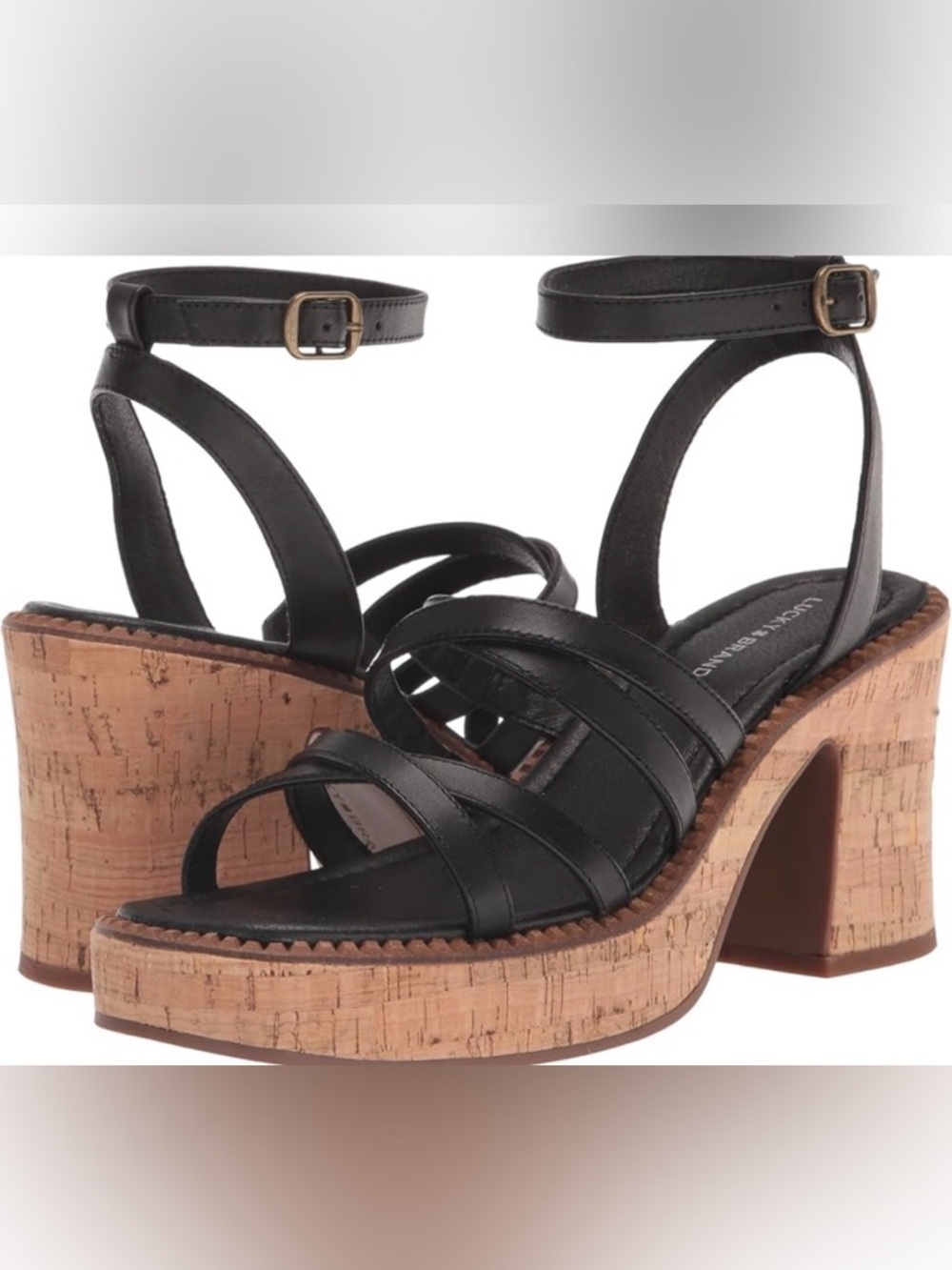 ❌SOLD❌ NIB [Lucky] Taiza Black Strappy Leather Heel Platform Sandals Women’s 8.5 - Picture 2 of 16
